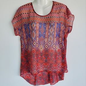 CATO Multicolor Bohemian Tribal Pattern  Short Sleeve High Low Sheer Top…